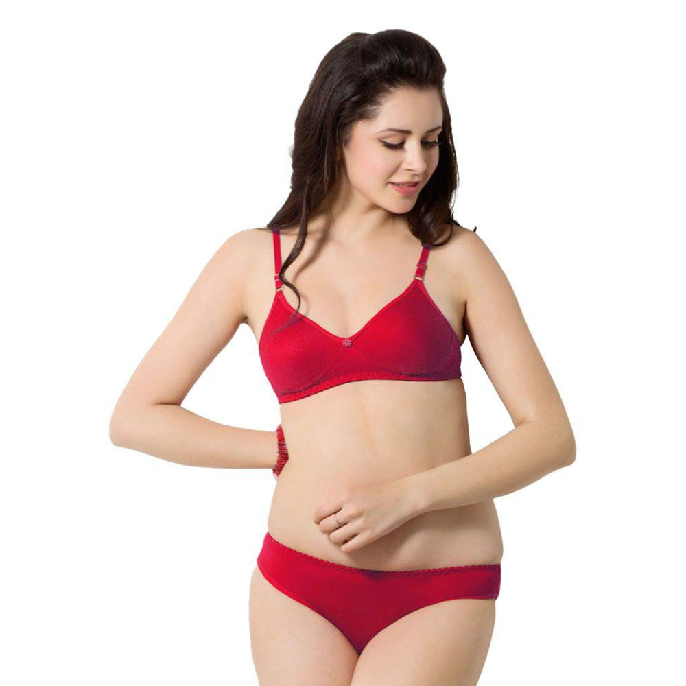 Cute Solid Red Pure Cotton Bra Panty Set