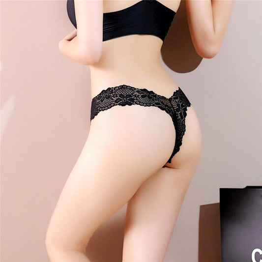 Ladies Lace V-string Thong Straps Black Panties