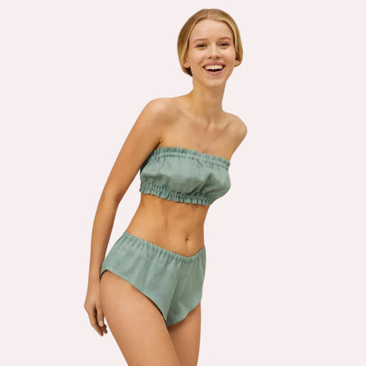Natural Flax Linen Ruffled Bandeau & Vintage Knickers Set 2-Pack