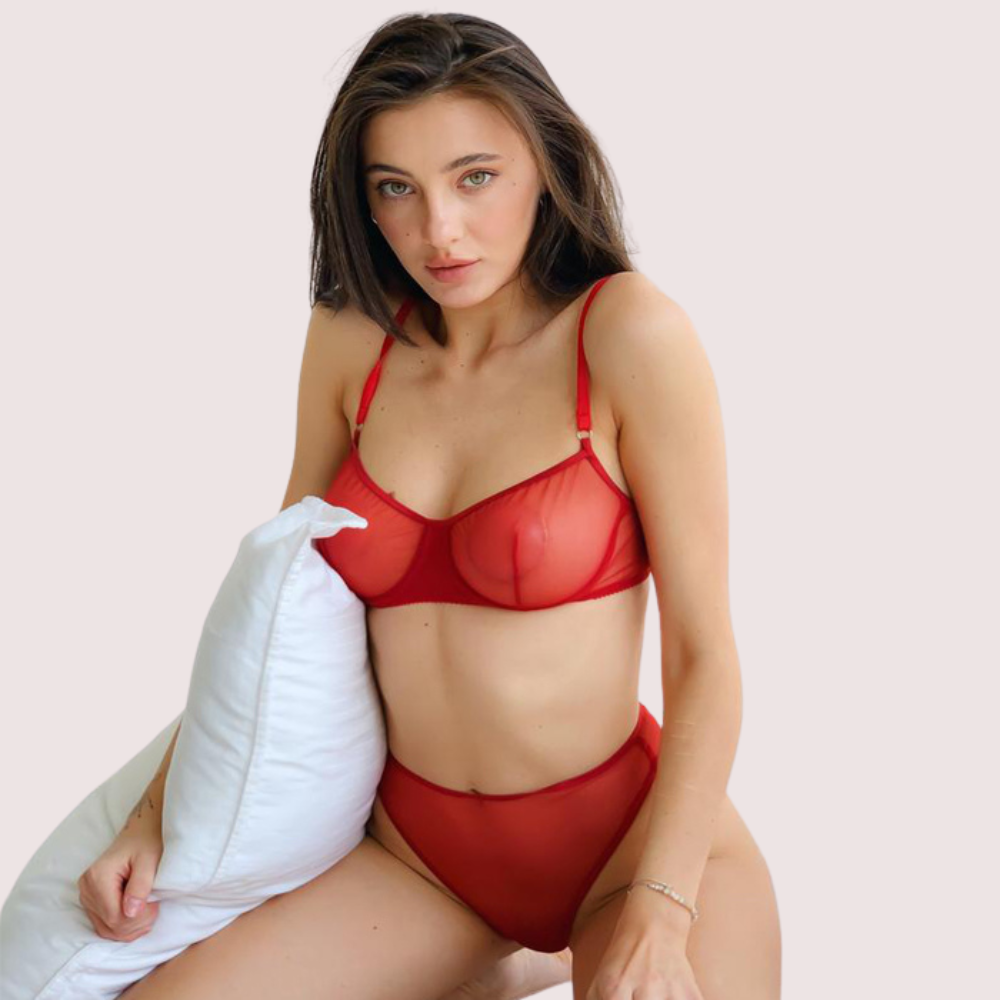 Sensual Red Bra & Thong Set Fully See-Through Design