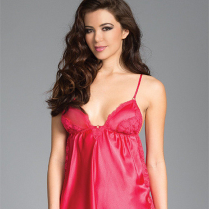 Lace trim red Silk Satin babydoll lingerie